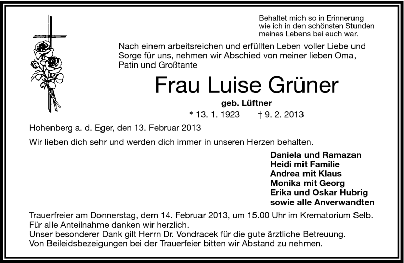  Traueranzeige für Luisa Grüner vom 13.02.2013 aus Frankenpost