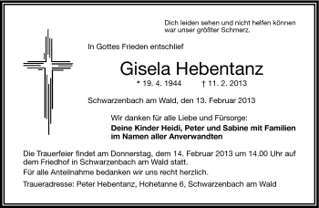 Traueranzeige von Gisela Hebentanz von Frankenpost