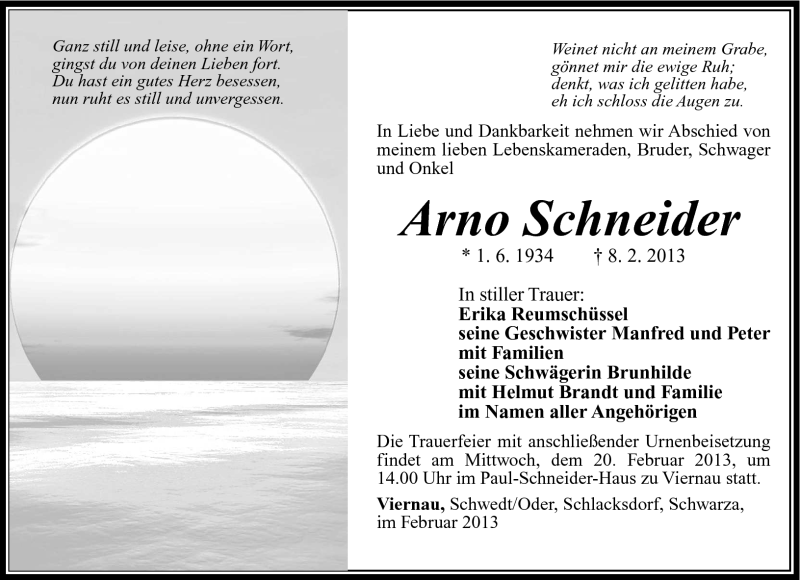  Traueranzeige für Arno Schneider vom 13.02.2013 aus Südthüringer Presse