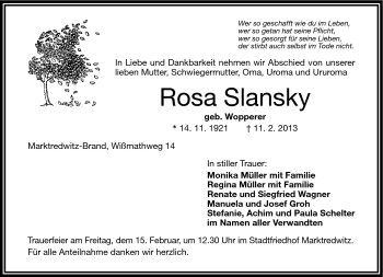 Traueranzeige von Rosa Slansky von Frankenpost