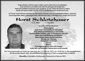 Traueranzeige von Horst Schlotzhauser von Südthüringer Presse