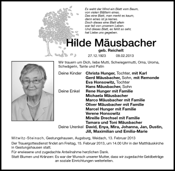 Traueranzeige von Hilde Mäusbacher von Neue Presse Coburg