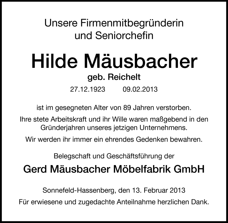  Traueranzeige für Hilde Mäusbacher vom 13.02.2013 aus Neue Presse Coburg