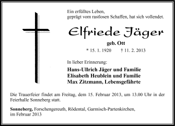 Traueranzeige von Elfriede Jäger von Südthüringer Presse