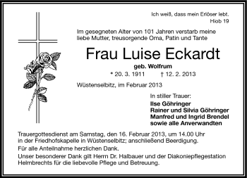 Traueranzeige von Luise Eckardt von Frankenpost