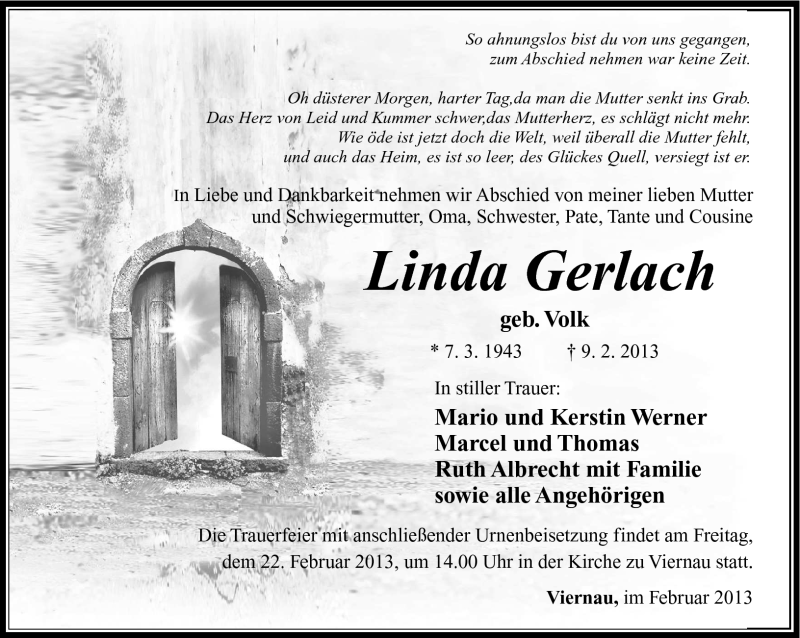  Traueranzeige für Linda Gerlach vom 16.02.2013 aus Südthüringer Presse