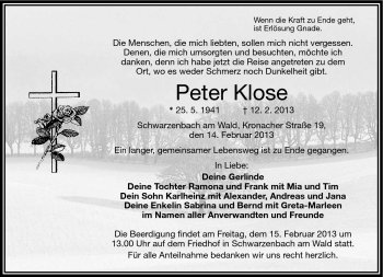 Traueranzeige von Peter Klose von Frankenpost