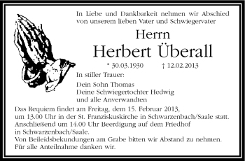Traueranzeige von Herbert Überall von Frankenpost