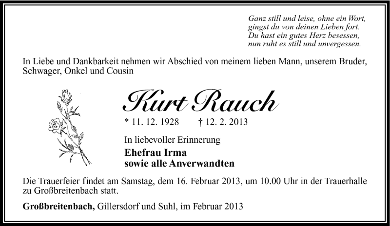  Traueranzeige für Kurt Rauch vom 14.02.2013 aus Südthüringer Presse