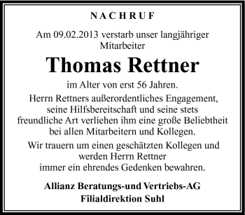 Traueranzeige von Thomas Rettner von Südthüringer Presse