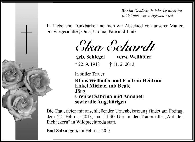  Traueranzeige für Elsa Eckardt vom 16.02.2013 aus Südthüringer Presse