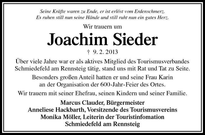  Traueranzeige für Joachim Sieder vom 16.02.2013 aus Südthüringer Presse