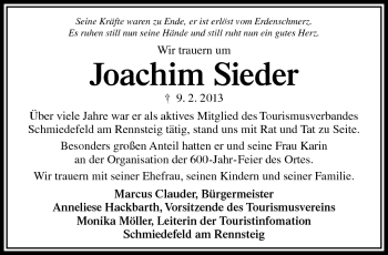 Traueranzeige von Joachim Sieder von Südthüringer Presse