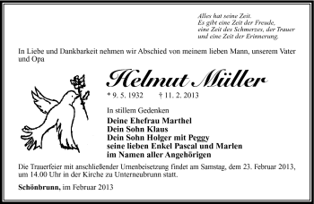 Traueranzeige von Helmut Müller von Südthüringer Presse