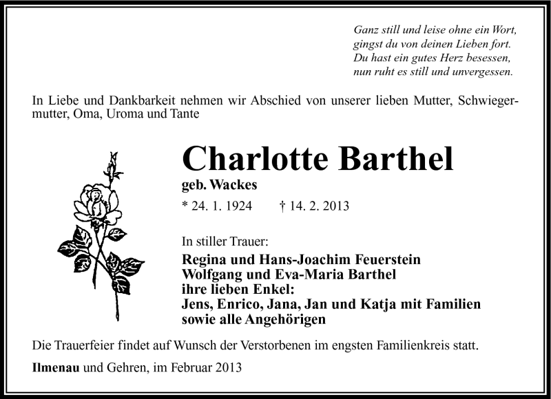  Traueranzeige für Charlotte Barthel vom 16.02.2013 aus Südthüringer Presse