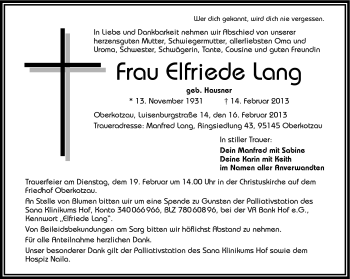 Traueranzeige von Elfriede Lang von Frankenpost
