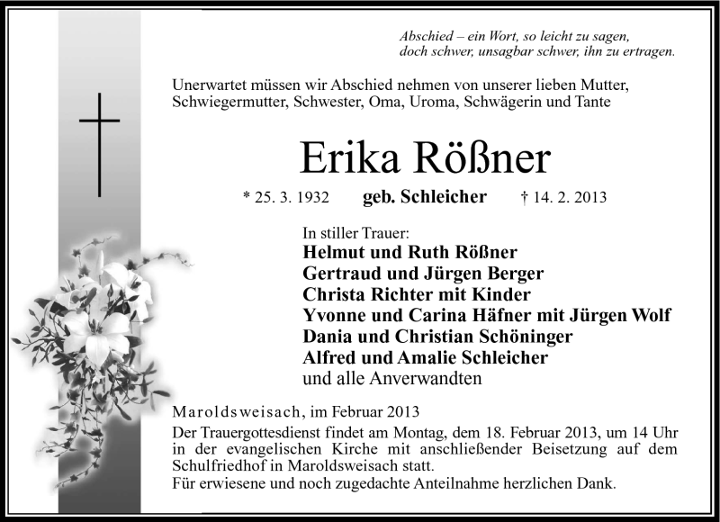  Traueranzeige für Erika Rößner vom 16.02.2013 aus Neue Presse Coburg