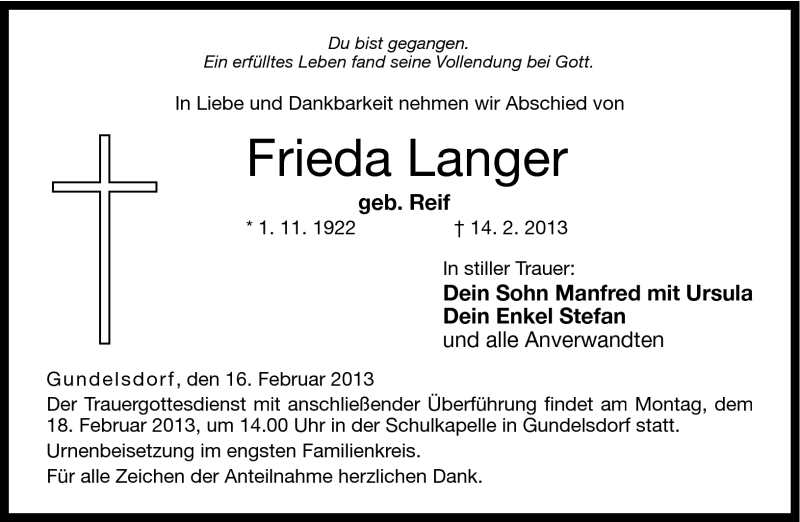  Traueranzeige für Frieda Langer vom 16.02.2013 aus Neue Presse Coburg