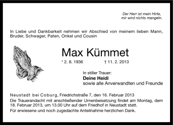 Traueranzeige von Max Kümmet von Neue Presse Coburg