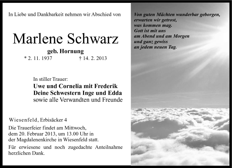  Traueranzeige für Marlene Schwarz vom 16.02.2013 aus Neue Presse Coburg