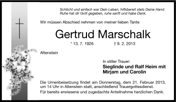 Traueranzeige von Gertrud Marschalk von Neue Presse Coburg