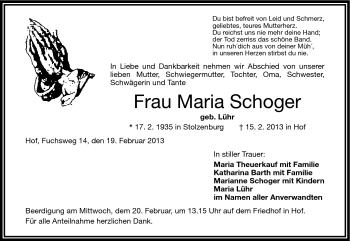 Traueranzeige von Maria Schoger von Frankenpost