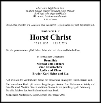 Traueranzeige von Horst Christ von Südthüringer Presse