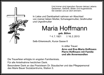 Traueranzeige von Maria Hoffmann von Frankenpost