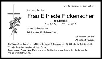 Traueranzeige von Elfriede Fickenscher von Frankenpost