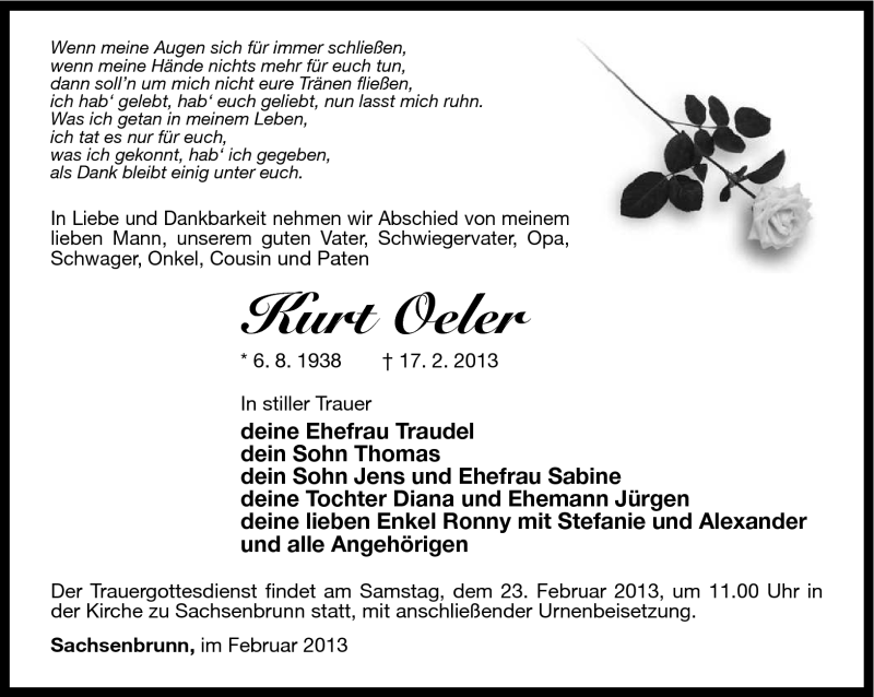  Traueranzeige für Kurt Oeler vom 19.02.2013 aus Südthüringer Presse