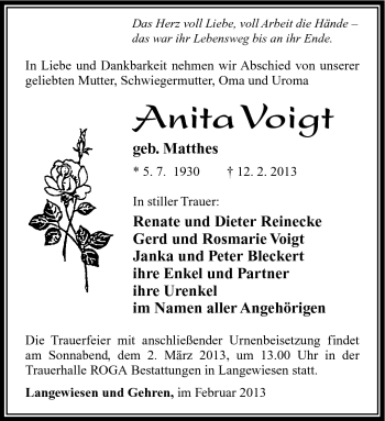 Traueranzeige von Anita Voigt von Südthüringer Presse
