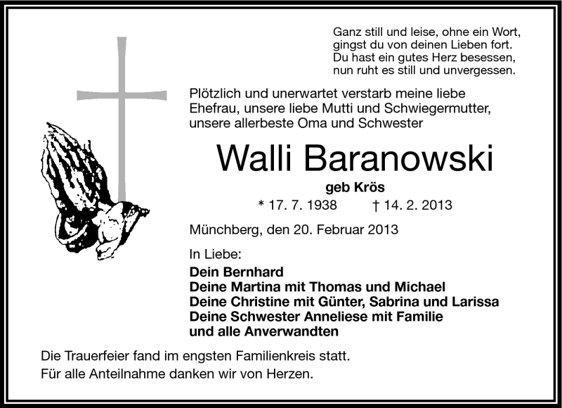  Traueranzeige für Walli Baranowski vom 20.02.2013 aus Frankenpost