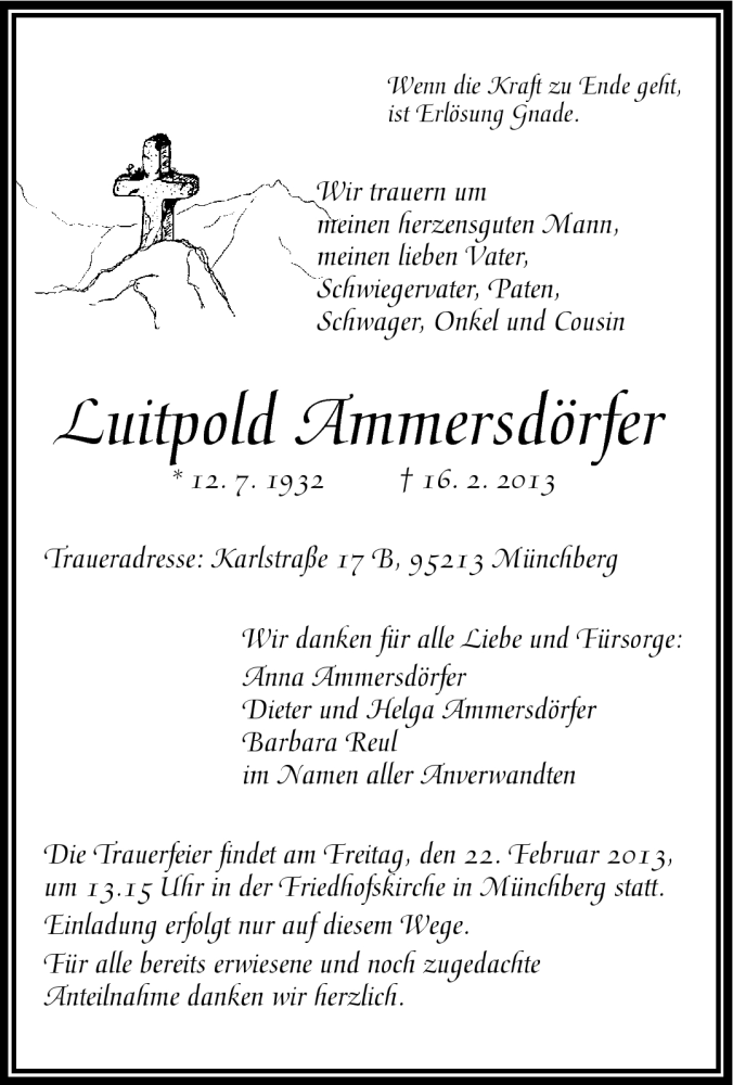  Traueranzeige für Luitpold Ammersdörfer vom 20.02.2013 aus Frankenpost