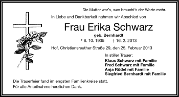Traueranzeige von Erika Schwarz von Frankenpost