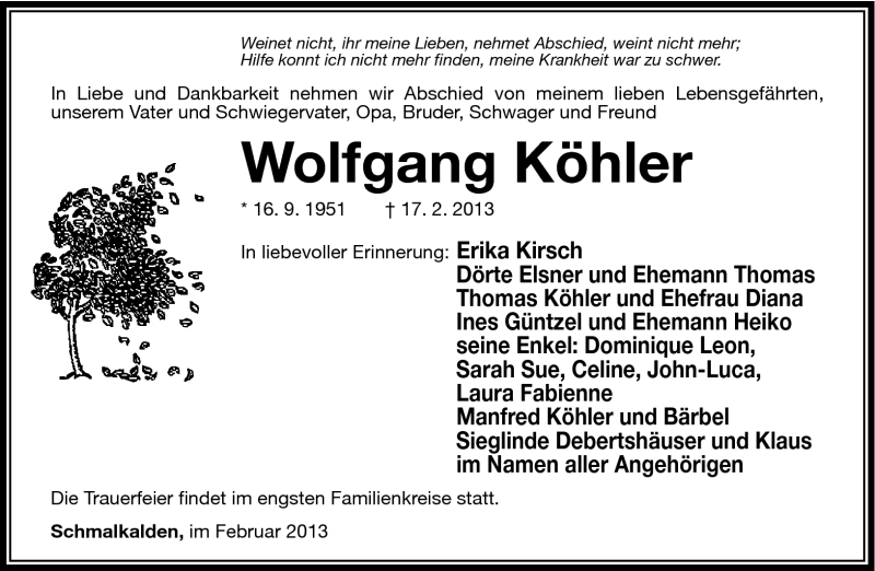  Traueranzeige für Wolfgang Köhler vom 22.02.2013 aus Südthüringer Presse