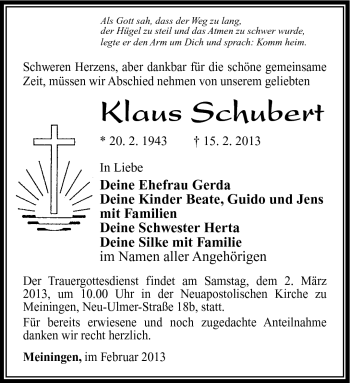 Traueranzeige von Klaus Schubert von Südthüringer Presse