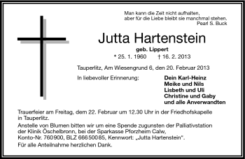 Traueranzeige von Jutta Hartenstein von Frankenpost