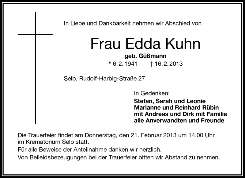  Traueranzeige für Edda Kuhn vom 20.02.2013 aus Frankenpost
