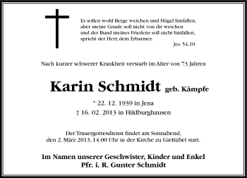 Traueranzeige von Karin Schmidt von Südthüringer Presse