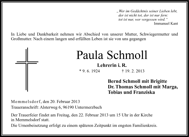  Traueranzeige für Paula Schmoll vom 20.02.2013 aus Neue Presse Coburg