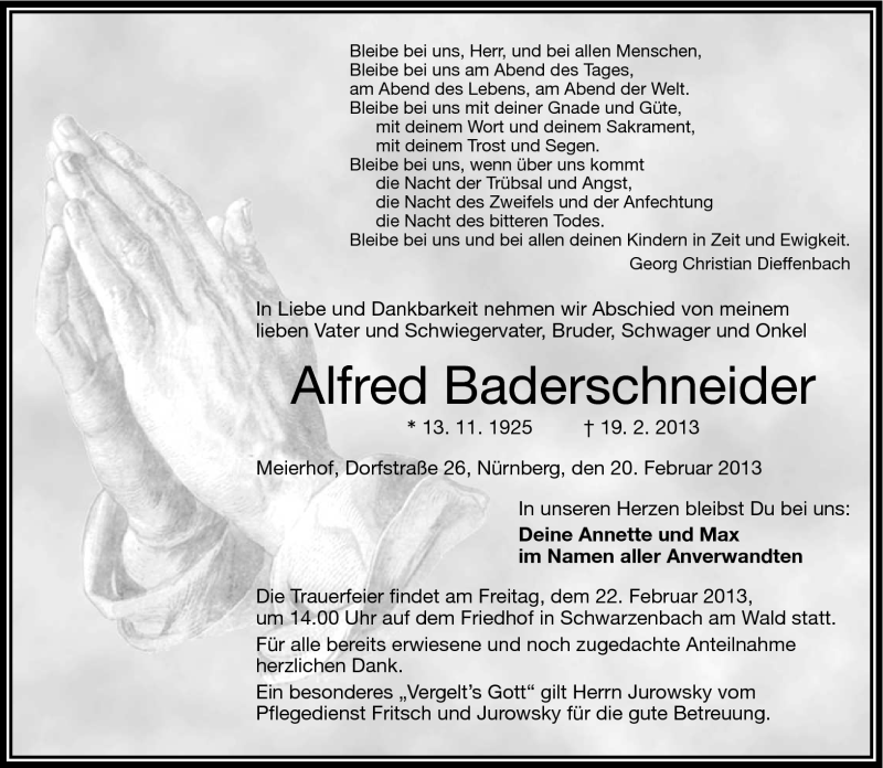  Traueranzeige für Alfred Baderschneider vom 20.02.2013 aus Frankenpost