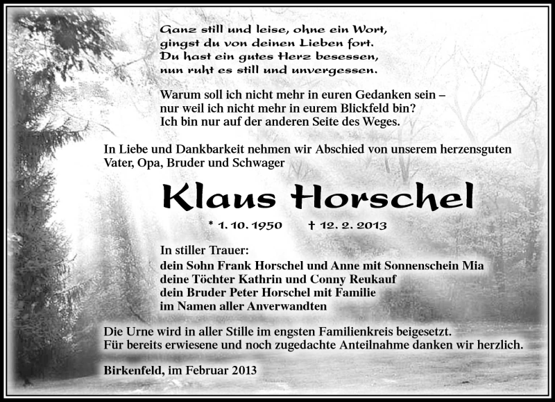  Traueranzeige für Klaus Horschel vom 23.02.2013 aus Südthüringer Presse
