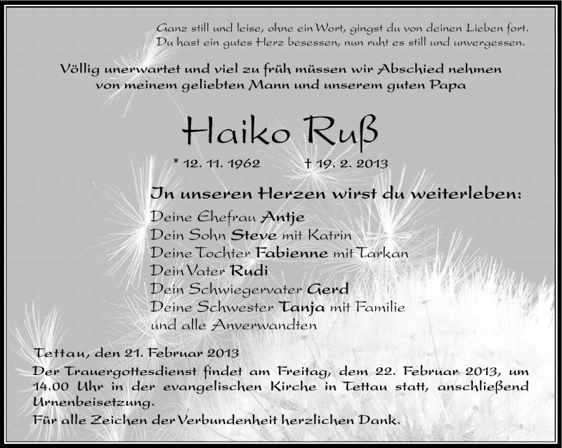  Traueranzeige für Haiko Ruß vom 21.02.2013 aus Neue Presse Coburg