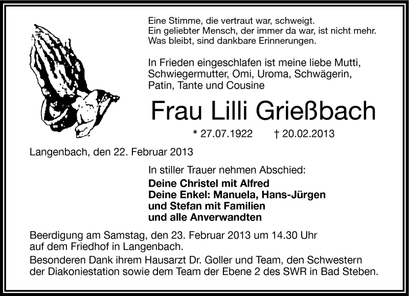  Traueranzeige für Lilli Grießbach vom 22.02.2013 aus Frankenpost