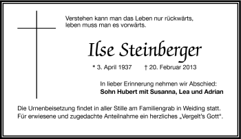 Traueranzeige von Ilse Steinberger von Frankenpost