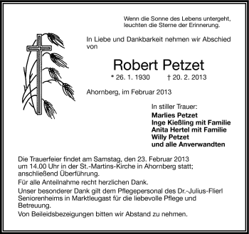 Traueranzeige von Robert Petzet von Frankenpost