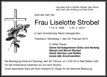 Traueranzeige von Liselotte Strobel von Frankenpost