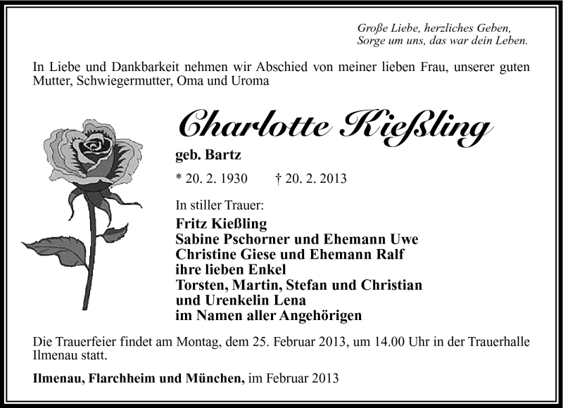  Traueranzeige für Charlotte Kießling vom 23.02.2013 aus Südthüringer Presse