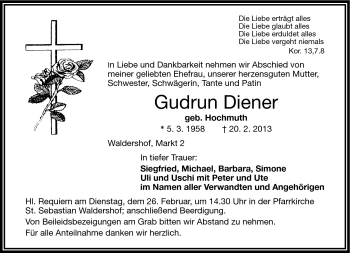 Traueranzeige von Gudrun Diener von Frankenpost