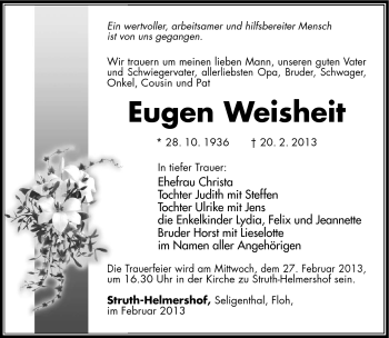 Traueranzeige von Eugen Weisheit von Südthüringer Presse